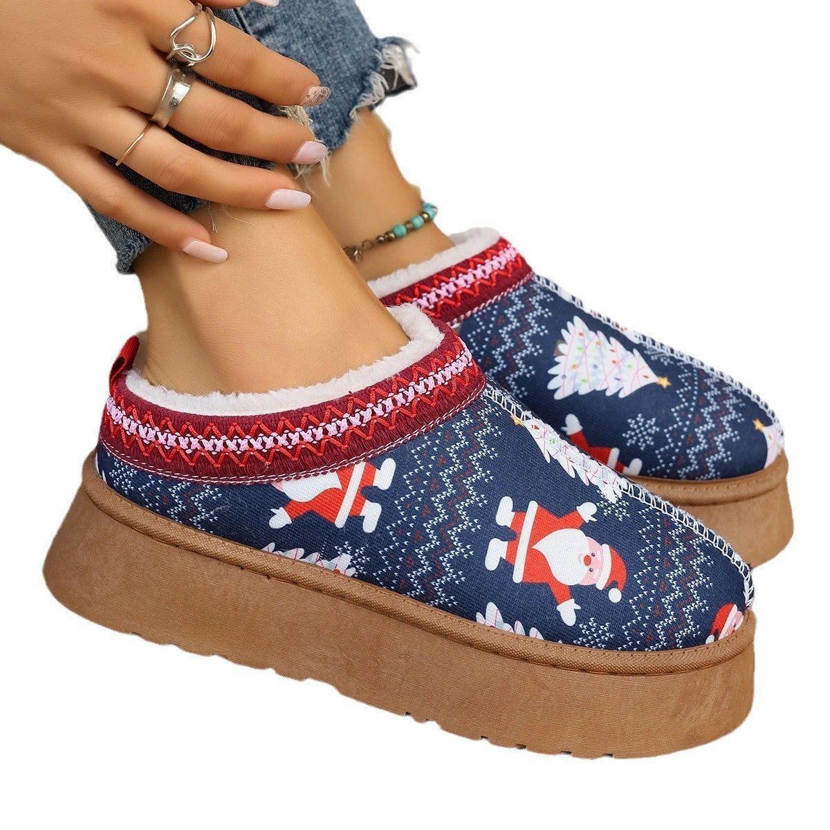 Mandotos navy Christmas cartoon print plush-lined slip-on ankle boots for women, indoor home shoes with cozy design.