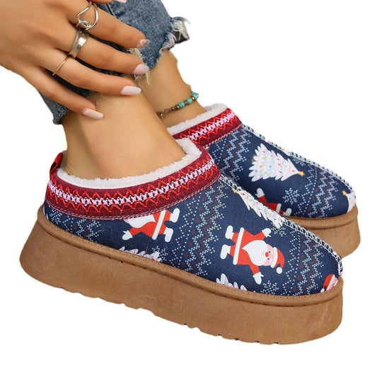 Mandotos navy Christmas cartoon print plush-lined slip-on ankle boots for women, indoor home shoes with cozy design.