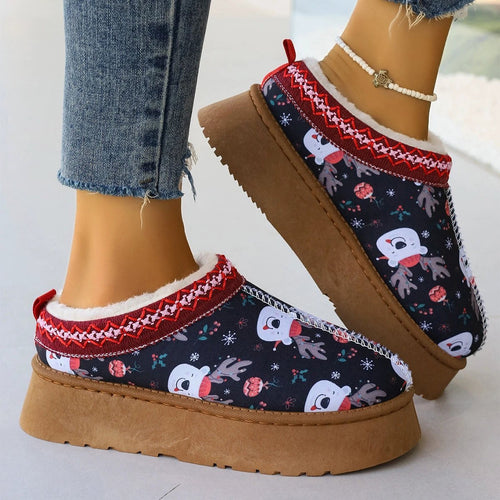 Mandotos navy Christmas cartoon print plush-lined slip-on ankle boots for women, indoor home shoes with cozy comfort.