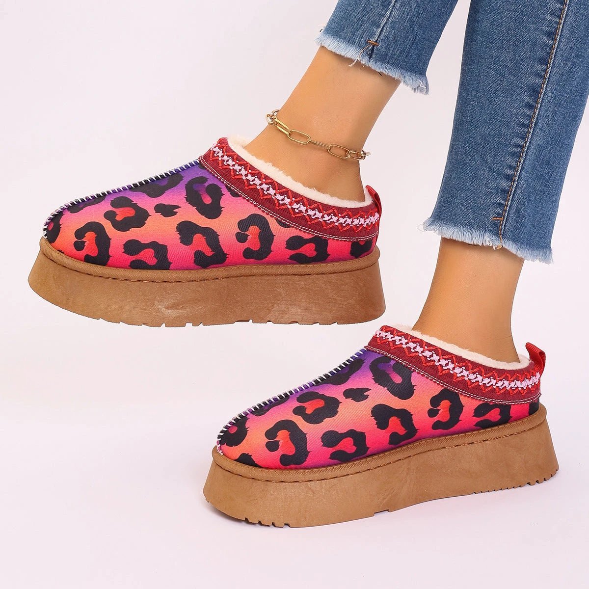 Navy Mandotos Christmas cartoon print plush-lined slip-on ankle boots for women, indoor home shoes with cozy plush interior.