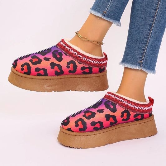 Navy Mandotos Christmas cartoon print plush-lined slip-on ankle boots for women, indoor home shoes with cozy plush interior.