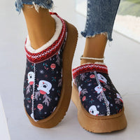 Navy plush-lined slip-on ankle boots for women with Christmas cartoon print, ideal as indoor home shoes by MANDOTOS.