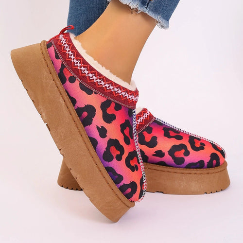 Mandotos navy Christmas cartoon print plush-lined slip-on ankle boots for women, indoor home shoes with cozy design.