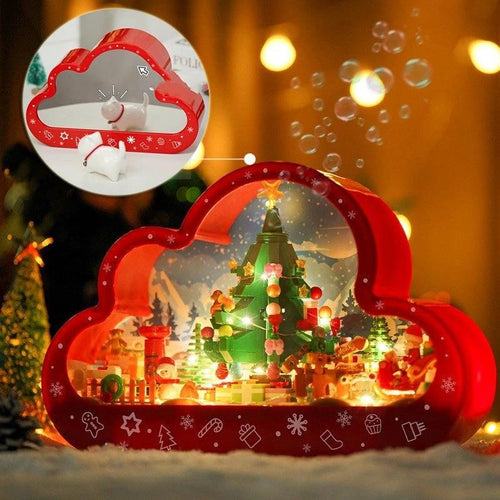 Mandotos Christmas Cloud Night Lamp with LED lights and mirror frame, assembled building blocks, festive holiday decor.