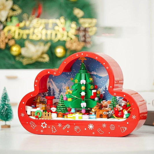 Mandotos Christmas Cloud Night Lamp with LED lights and mirror frame, assembled building blocks, festive holiday decor.