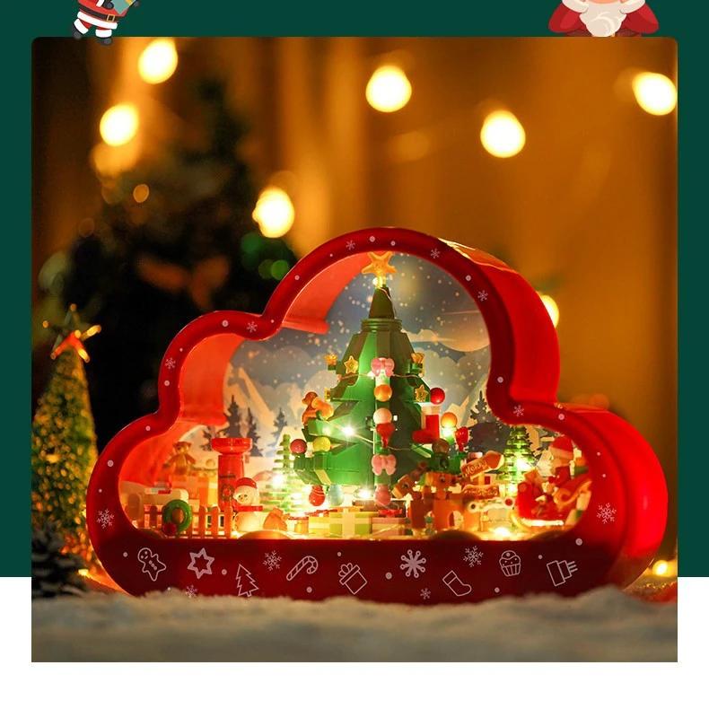 Mandotos Christmas Cloud Night Lamp with LED lights and mirror frame, assembled building blocks, festive holiday decoration.