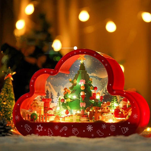 Mandotos Christmas Cloud Night Lamp with LED lights and mirror frame, assembled building blocks, festive holiday decor.