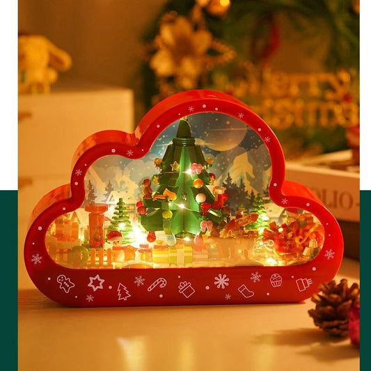 Mandotos Christmas Cloud Night Lamp with LED lights and mirror frame, assembled building blocks, festive holiday decor.