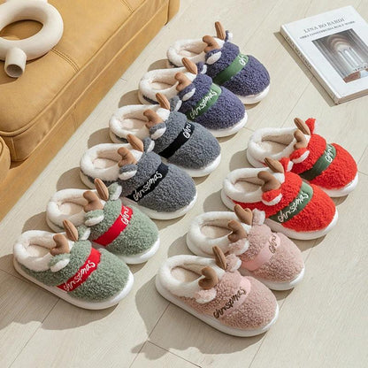 Mandotos Christmas Elk slippers featuring cozy winter design, warm fleece lining, perfect for home comfort during the holiday season.