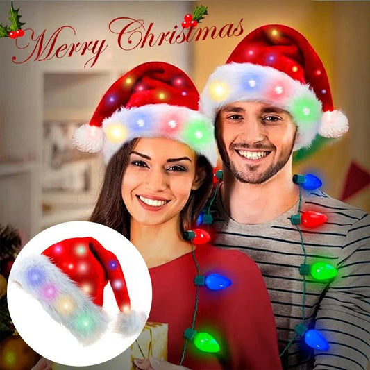 Mandotos Christmas hat with LED lights, plush luminous Santa hat for children and adults, festive holiday costume accessory