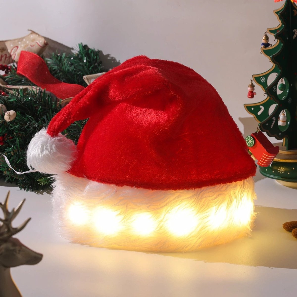 Mandotos Christmas hat with LED lights, plush luminous Santa hat for children and adults, festive holiday costume accessory