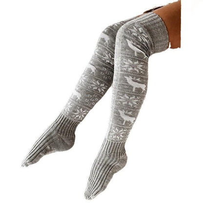 Mandotos Christmas knitted over-the-knee stockings for women with elk and snowflake patterns, cozy holiday winter socks.