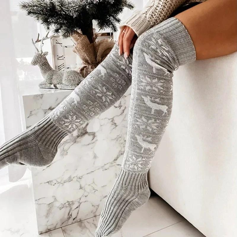 Mandotos Christmas knitted stockings featuring elk and snowflake patterns, over-the-knee socks for women, free size, festive winter wear