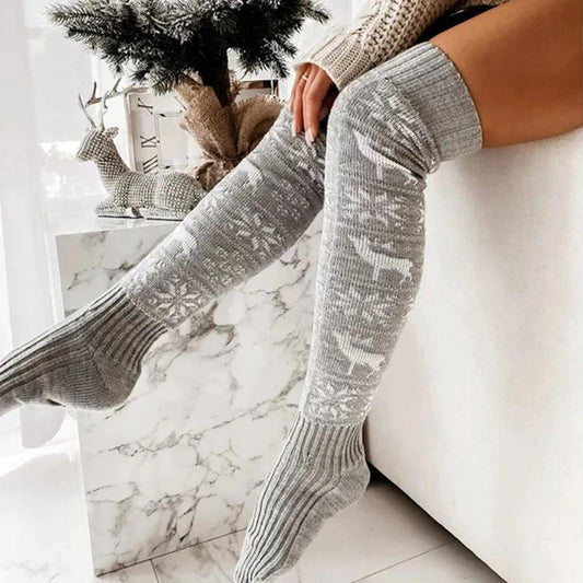 Mandotos Christmas knitted stockings featuring elk and snowflake patterns, over-the-knee socks for women, free size, festive winter wear