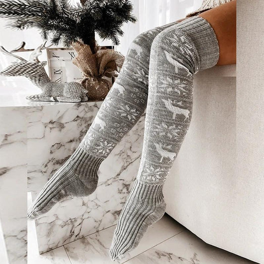Mandotos Christmas knitted over-the-knee stockings with elk and snowflake patterns for women, cozy holiday winter socks.