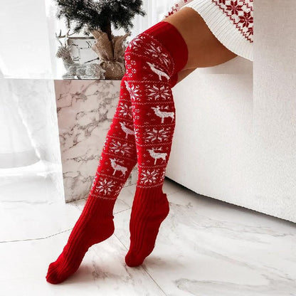 Mandotos Christmas knitted over-the-knee socks with elk and snowflake patterns, cozy winter knee-high stockings for women.