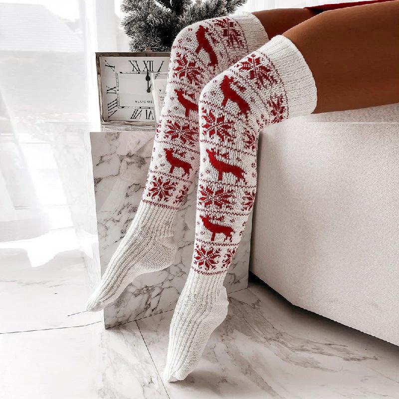 Mandotos Christmas knitted stockings with elk and snowflake patterns, over-the-knee socks for women, free size, festive holiday wear.