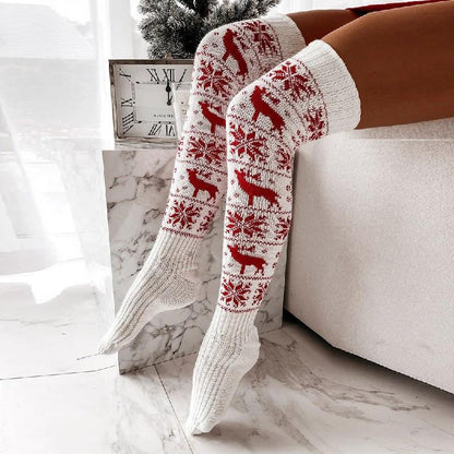 Mandotos Christmas knitted stockings with elk and snowflake patterns, over-the-knee socks for women, free size, festive holiday wear.