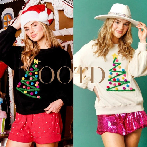 Mandotos Christmas Tree sweatshirt for women, long sleeve hoodie with festive winter design, cozy winter wear.