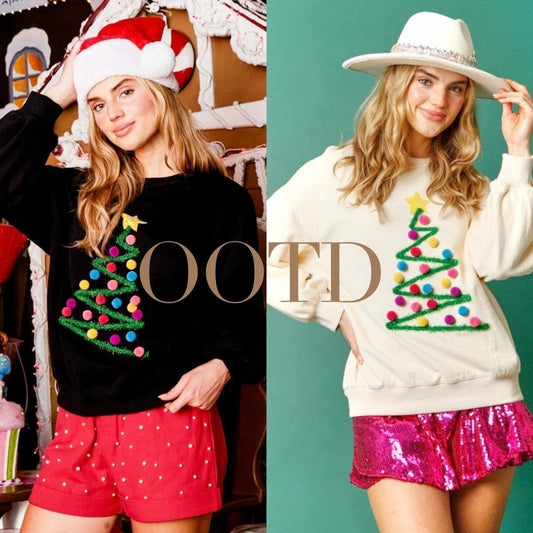 Mandotos Christmas Tree sweatshirt for women, long sleeve hoodie with festive winter design, cozy winter wear.