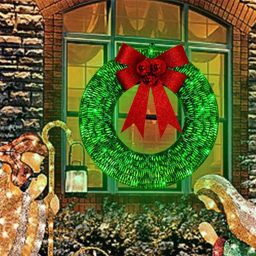 Mandotos Christmas wreath with luminous LED lights, metal garland, and bowknot for front door decoration, 50cm diameter.