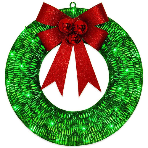 Mandotos Christmas wreath with luminous LED lights, metal garland, and bowknot for front door decoration, 50cm diameter.
