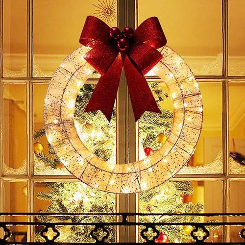 Mandotos Christmas wreath with luminous LED lights, metal garland, and bowknot for front door decoration, 50cm diameter