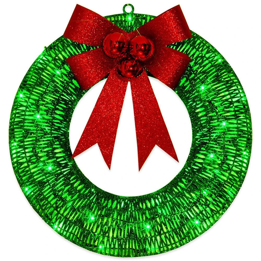 Mandotos Christmas wreath with luminous LED lights, metal garland, and bowknot for front door decoration, 50cm diameter