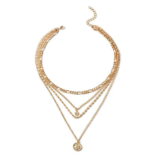Mandotos chunky gold layered necklace with coin pendant and sun charm, designed for women, featuring bold, stylish jewelry.