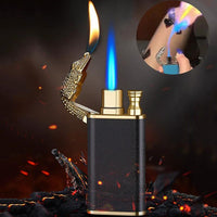 Mandotos blue flame metal lighter with dolphin, dragon, and tiger designs, windproof double flame, refillable and portable.