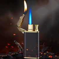 Mandotos Creative Blue Flame Lighter featuring dolphin, dragon, and tiger metal design with windproof double flame, refillable and durable.