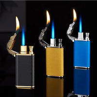 Mandotos Creative Blue Flame Lighter with dolphin, dragon, tiger designs, metal windproof double flame, refillable and stylish.
