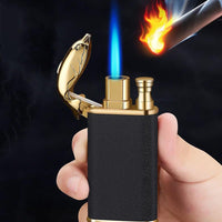 Mandotos blue flame lighter with dolphin, dragon, and tiger metal designs, windproof double flame, refillable and durable.