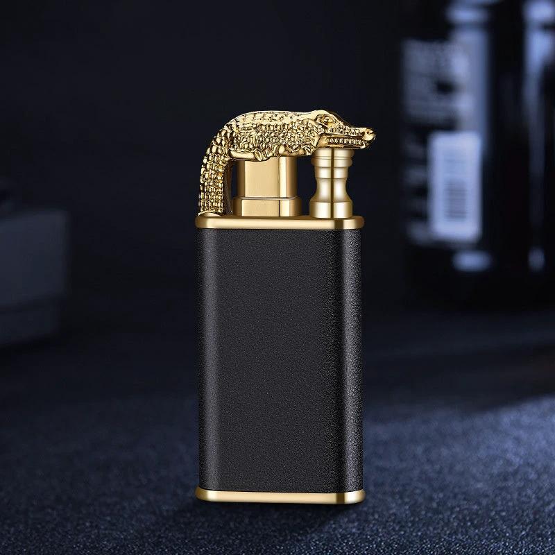 Mandotos Blue Flame Lighter with dolphin, dragon, tiger designs, metal windproof double flame, refillable, creative and stylish.