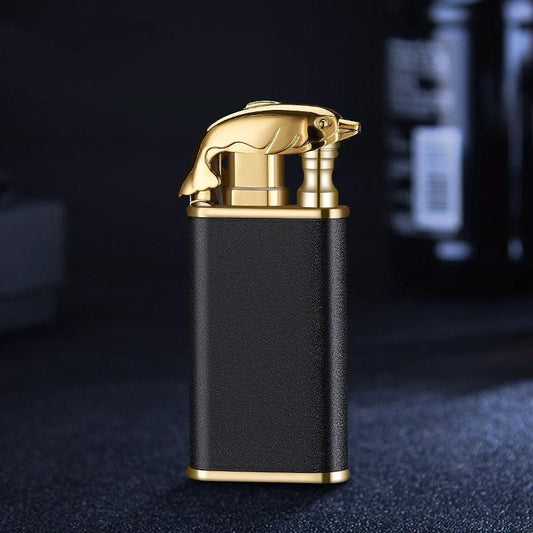 Mandotos Creative Blue Flame Lighter with dolphin, dragon, tiger designs, metal windproof double flame, refillable and stylish.