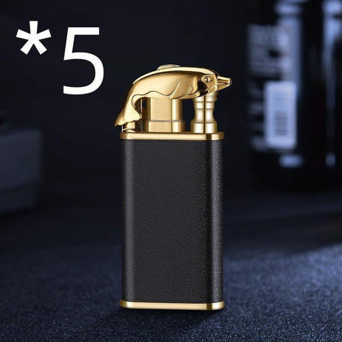 Mandotos Creative Blue Flame Lighter featuring dolphin, dragon, tiger designs, metal windproof double flame, refillable, stylish and durable.