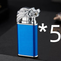 Mandotos creative blue flame lighter featuring dolphin, dragon, and tiger designs, metal windproof double flame, refillable and stylish.