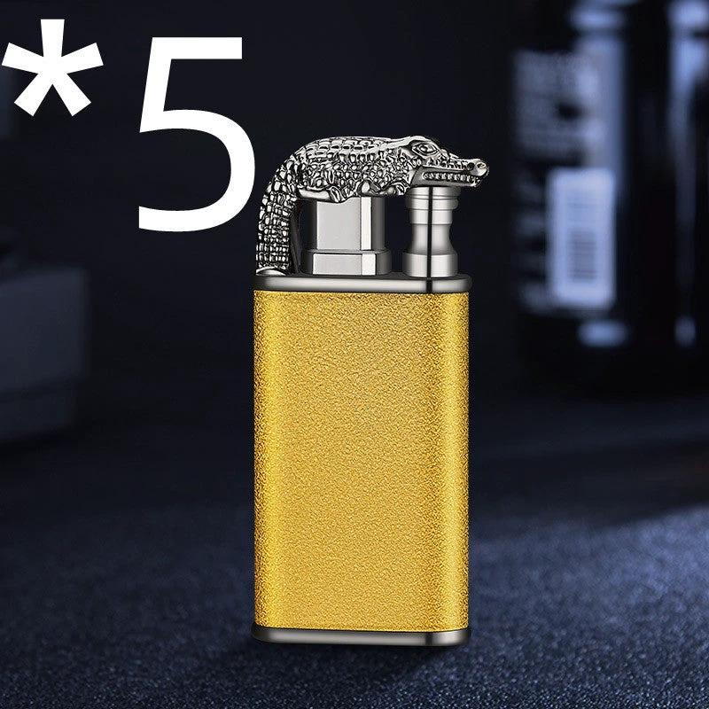 Mandotos creative blue flame lighter featuring dolphin, dragon, and tiger designs with double windproof flames, refillable metal body.