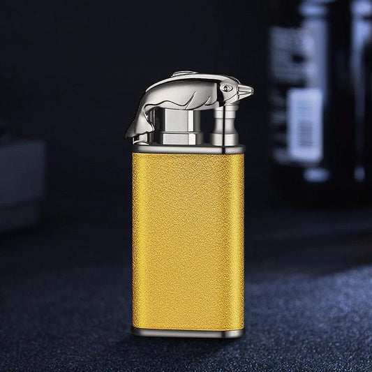 Mandotos creative blue flame metal lighter featuring dolphin, dragon, and tiger designs with windproof double flames, refillable and durable.