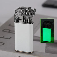 Mandotos creative blue flame lighter featuring dolphin, dragon, and tiger designs, windproof metal body with double flame, refillable.