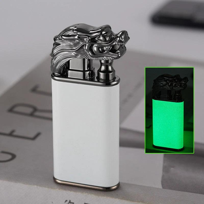 Mandotos creative blue flame lighter featuring dolphin, dragon, and tiger designs, windproof metal body with double flame, refillable.