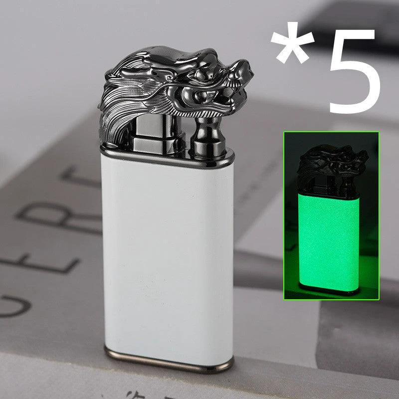 Mandotos Creative Blue Flame Lighter with dolphin, dragon, tiger designs, windproof double flame, metal refillable lighter.