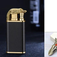 Mandotos creative blue flame lighter featuring dolphin, dragon, tiger designs, windproof metal body, double flame, refillable.