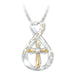 Mandotos two-tone diamond cross footprint pendant necklace with a detailed cross and footprint design, on a sleek chain.