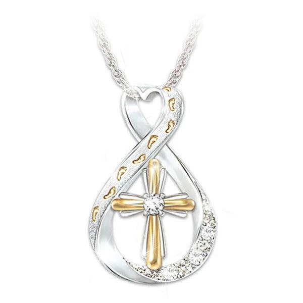 Mandotos Cross Footprint Diamond Pendant Necklace with two-tone gold finish, featuring a cross and footprint design.