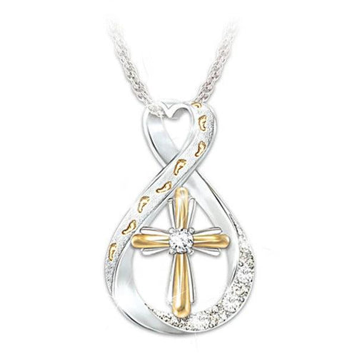 Mandotos Cross Footprint Diamond Pendant Necklace in two-tone gold with detailed cross and footprint design.