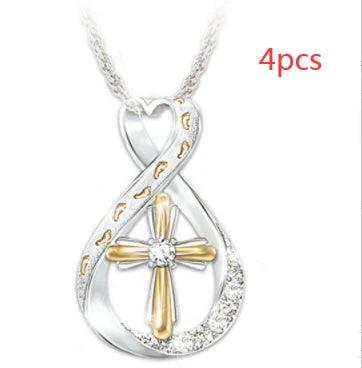 Mandotos cross footprint diamond pendant necklace in two-tone metal, featuring a detailed cross design with sparkling diamonds.