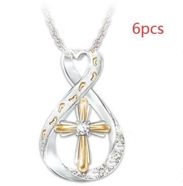Mandotos Cross Footprint Diamond Pendant Necklace with two-tone gold and silver finish, featuring a cross and footprint design.