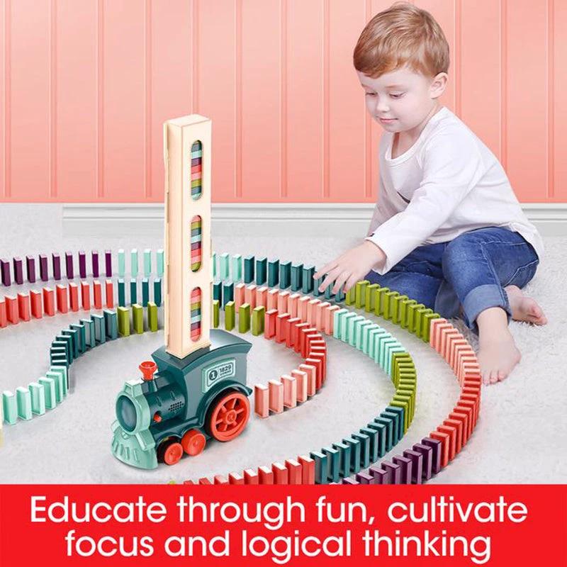 Mandotos electric domino train toy with building blocks for creative STEM learning, featuring colorful train and block set for kids.