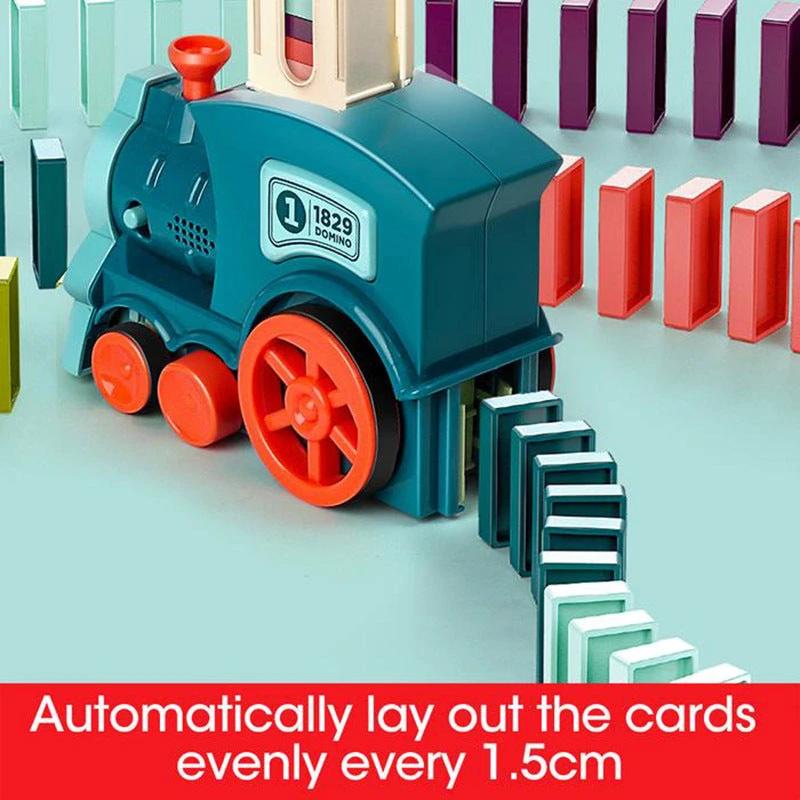 Mandotos electric domino train toy with building blocks, featuring colorful, automatic train set for creative STEM learning and play.